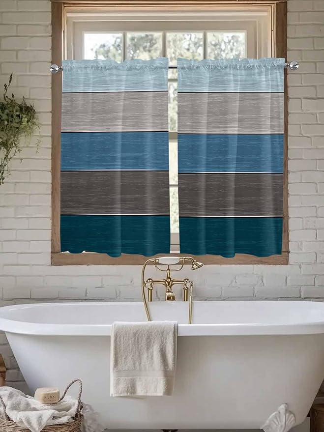 Retro Farm Blue Gray Wood Grain Window Valance Curtains, Rustic Wooden Plank