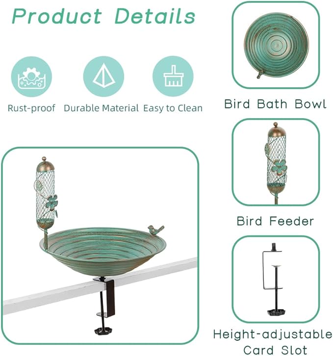 DREAMSOUL 13 Inches Deck Bird Bath, Metal Bird Bath Bowl Unheated with Clamp Detachable, Bird Baths for Outdoors Railing Balcony Garden Decor