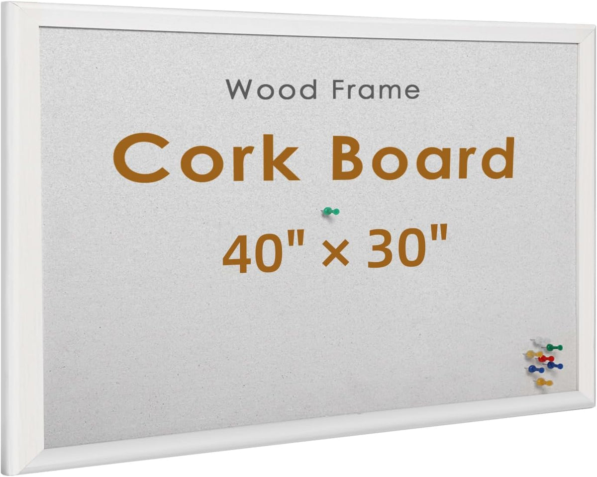 INNOVART White Cork Bulletin Board 40" X 30" with 10 Push Pins, Corkboard with White Wood Frame, Cork Notice Board Message Board, Framed Pin Board for Home, Office, School