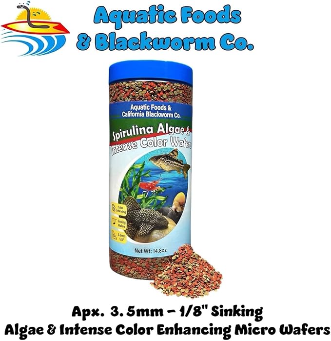 Aquatic Foods Inc. 3.5mm - 1/8" Sinking Wafers of Spirulina, Algae & Color Enhancing Wafers for Bottom Fish, Shrimp, Snails, Tropicals. 4-Type Wafer & 12-Type Pellets Included...1-lb 6oz Canister