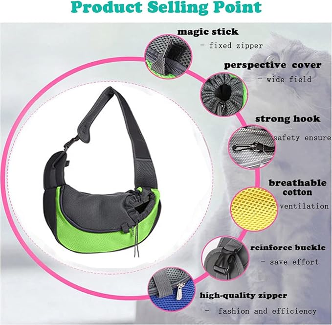 Pet Dog Sling Carrier, Breathable Mesh Portable Travel Safe Pet Sling Shoulder Bag Carrier with Adjustable Non-Slip Shoulder Strap for Small Dogs Cats Puppy (Small, Green)