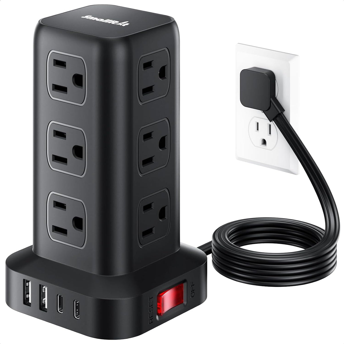 Extension Cord with Multiple Outlets, SMALLRT Flat Plug Power Strip Tower with USB 12 AC Outlets, 6.5FT Ultra Thin Extension Cord Outlet Extender for Home Office, Black