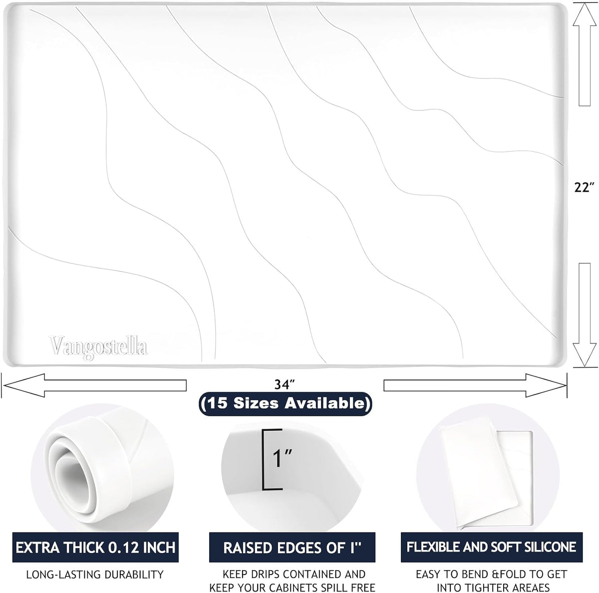 Heavy Duty Silicone Under Sink Mats for Kitchen Waterproof 40" x 19", Extra Thick Under Sink Rubber Mat Drip Tray, Raised Edge Under Sink Liner,Prevent Drips, Leaks, Spills,White