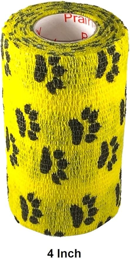 Vet Wrap Wrap Tape (Yellow with Paw Prints) (2 Pack) (3 Inch x 15 feet) Self Adhesive Adherent Adhering Cohesive Flex Self Stick Bandage Grip Roll Dog Cat Pet Horse