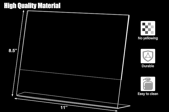6pack Acrylic Sign Holder Horizontal, 8.5x11 for Picture Frames, L Shape Clear Plastic, Plastic Sign Holder, Table Sign Holder, Unbreakable Menu Holder for Restaurant, Office, School, Store and Home Use