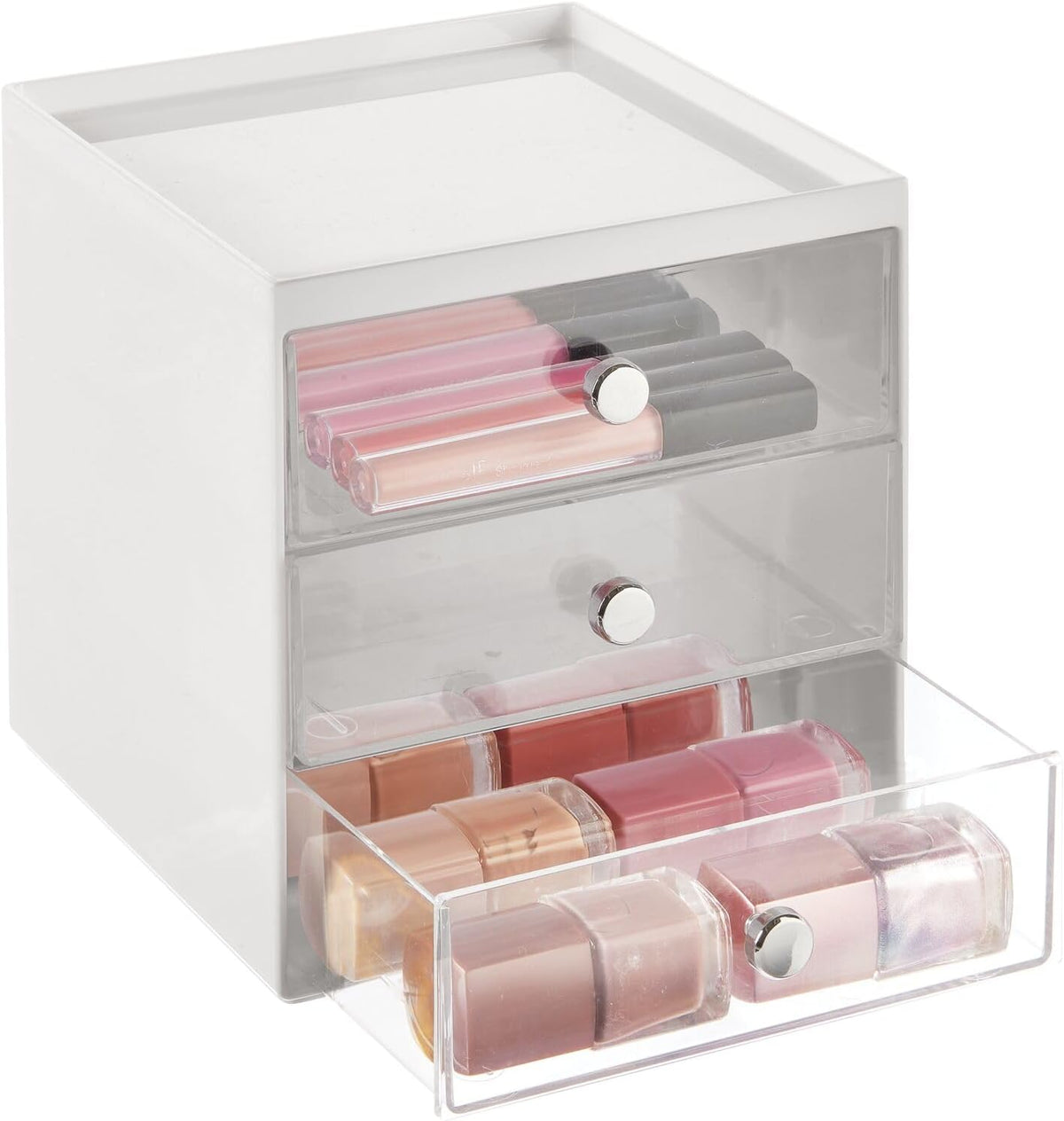mDesign Plastic 3 Drawer Organizer for Makeup Storage - Large Stackable Makeup Organization and Storage Cube with Drawers for Bathroom, Vanity, Desk - Makeup Storage Drawers - Light Gray/Clear