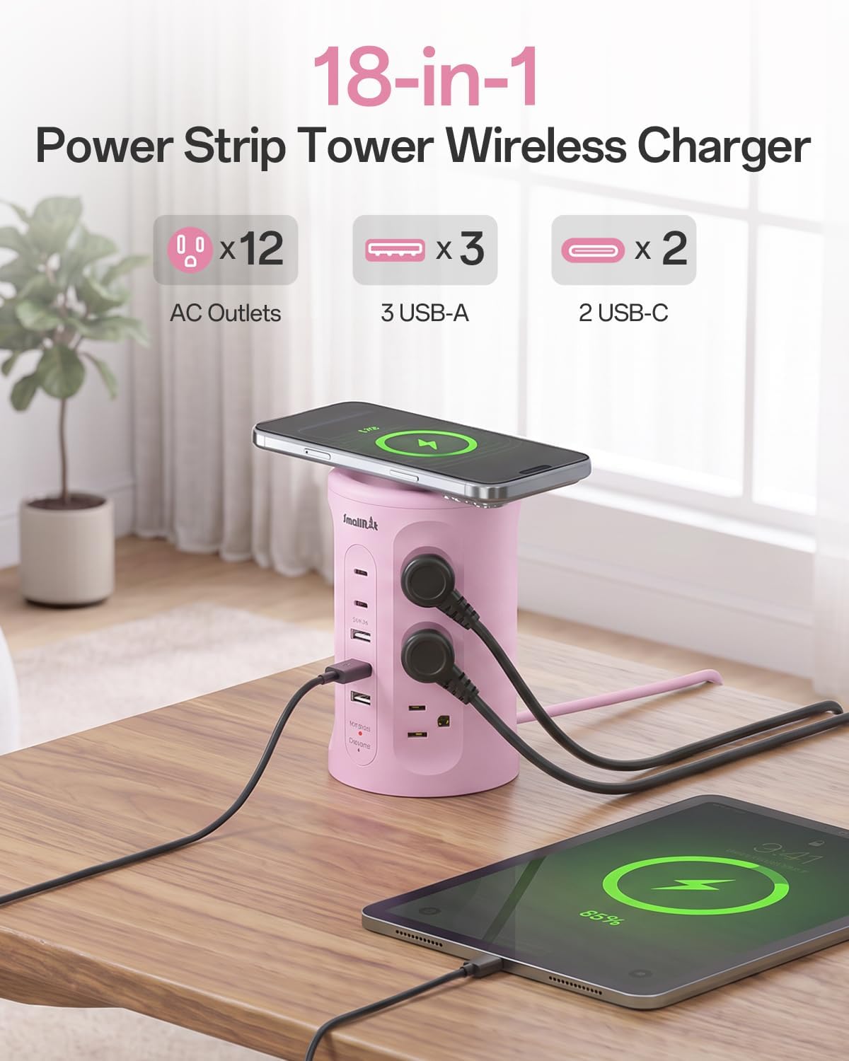 Power Strip with USB Ports,Extension Cord with Multiple Outlets (12AC+3A+2C), 6.5 FT Desk Pink Power Strip Tower Charging Station for Home, Office, College Dorm Essentials