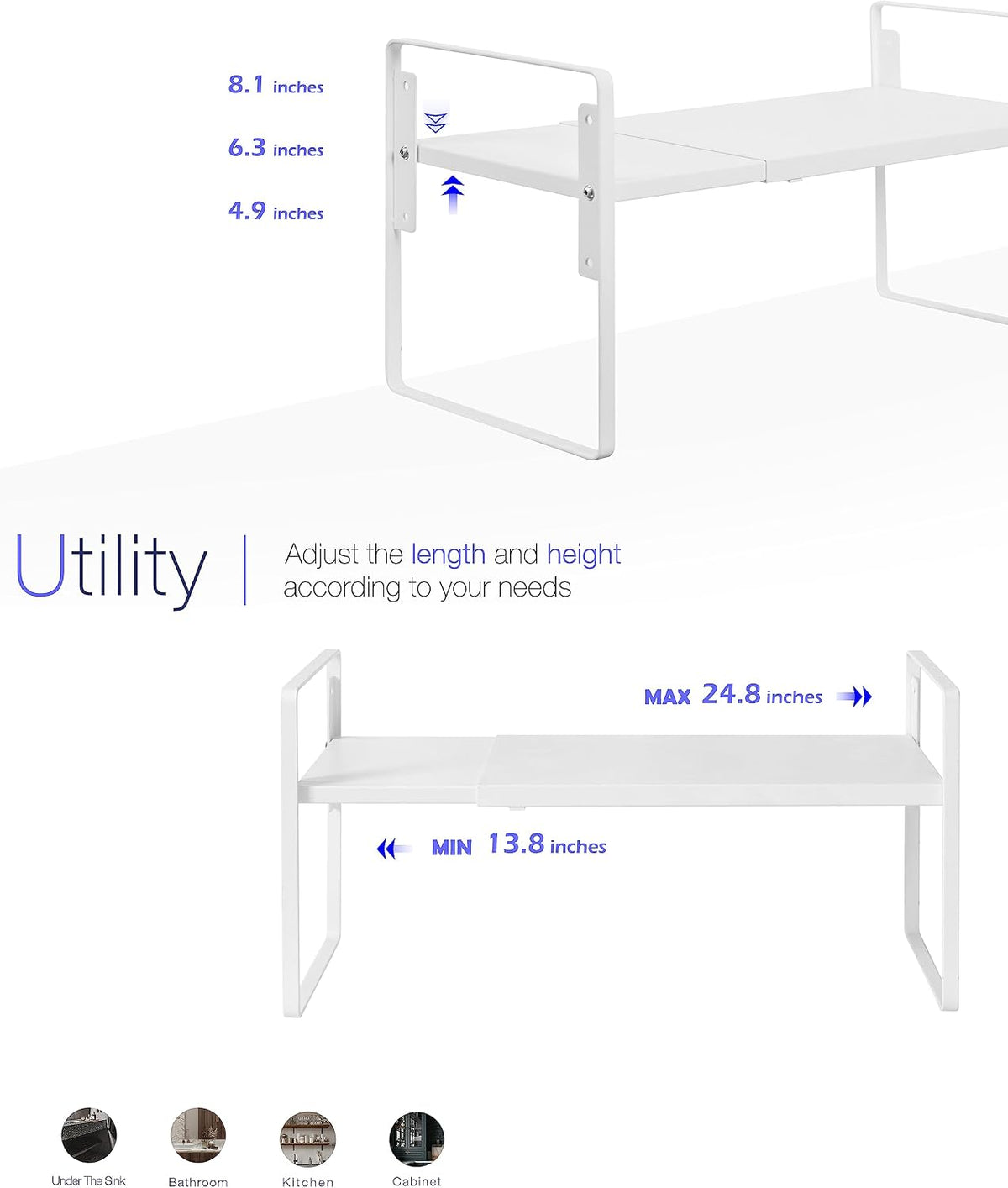 Nxconsu Cabinet Shelf Riser, Adjustable Cabinet Organizer, 8.6" Deep White