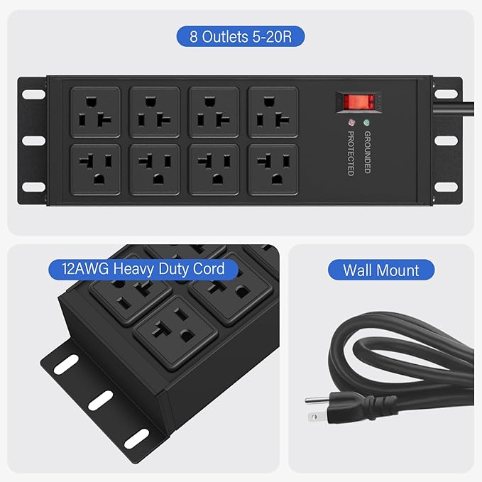 CCCEI Black Heavy Duty Power Strip Surge Protector 20 AMP, 8 Outlets 12 Gauge Industrial Shop Garage Metal Multiple Outlets, 15 FT Extension Cord 5-15P Adapter High Amp 6-20R T-Slot 20a for Appliance