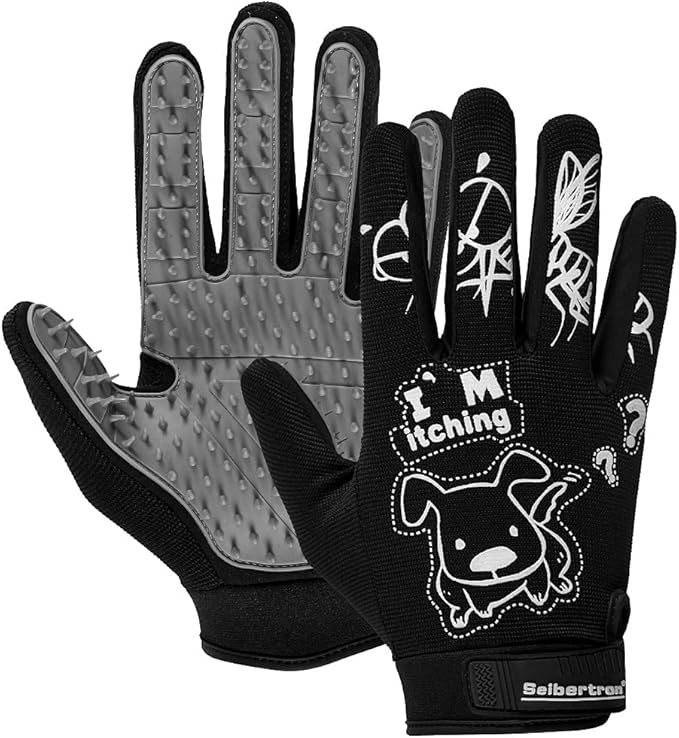 Seibertron Patented P.G.M.G-1 Pet Hair Remover/Deshedding Grooming Gloves Seven Sizes Fit All Works for Dogs, Horses, Cats and Other Animals Short Fur(1-Pair) Adult Black L