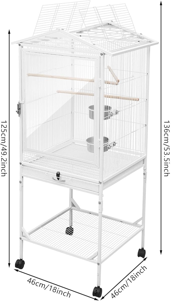 53.5 Inch Iron Bird Cage, Large Bird Aviary with Wheels for Parakeets, White Bird House with Detachable Stand and Pull-Out Tray for Cockatiels, Parrots, Lovebirds, Canaries