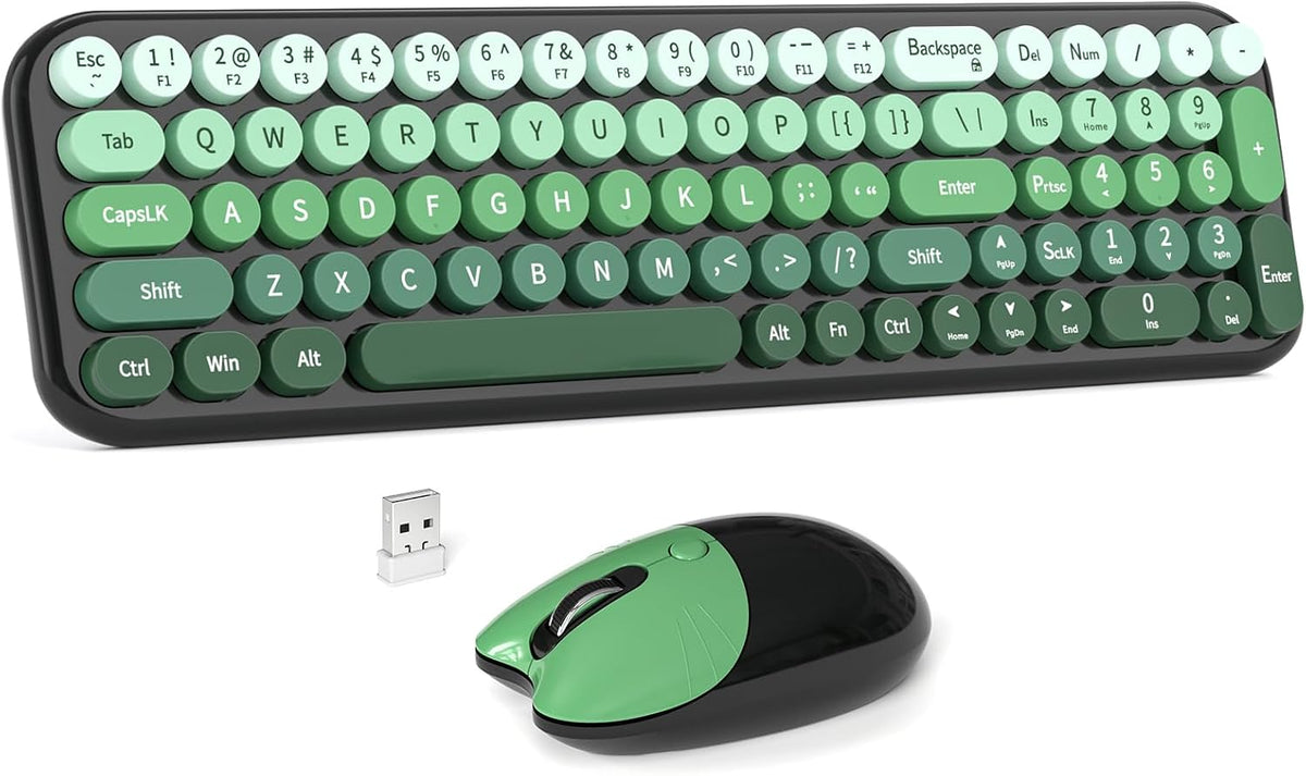 Wireless Keyboard and Mouse Combo, MOWUX Compact Typewriter Retro Round Computer Keyboard, Cute Optical Mouse Wireless, Plug and Play, for Laptop, PC, Computer- Black Green Gradient