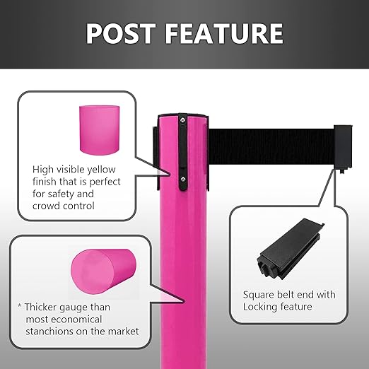VIP Crowd Control Retractable Belt Stanchion Queue Safety Barrier Set, 36" Ht, 78" Belt (2 M.Pink Posts Blue Belt)