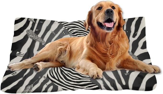 Zebra Print Feathers Machine Washable Dog Bed Bed Mats for Dogs Small Crate Pad Dog Beds for Crates Washable Non-Slip Cushion Crate Medium Dogs Cage Mats Crates Pet Cushion Indoor Outdoor 24X18 Inch