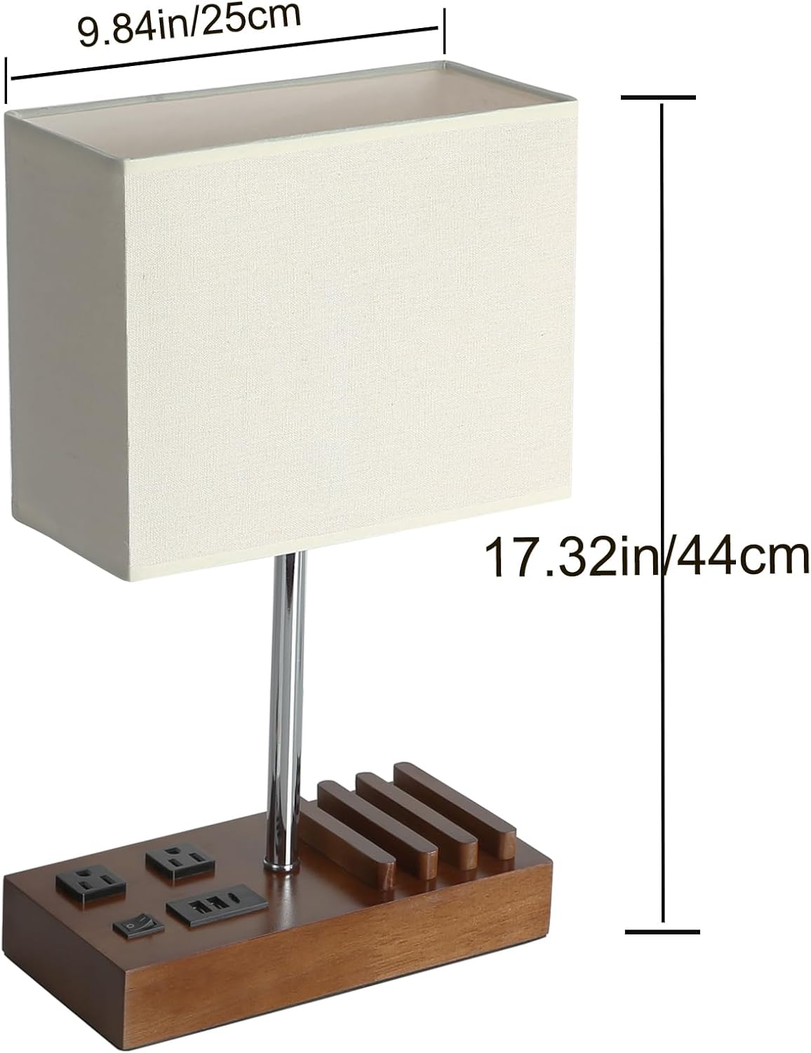 Briever USB Table Lamp, Multi-Functional Desk Lamp with 2 AC Outlets, Bedside Lamp with 3 USB Charging Ports and Wooden Phone Stands, Nightstand Lamp for Bedroom, Livingroom, Office, Walnut Wood