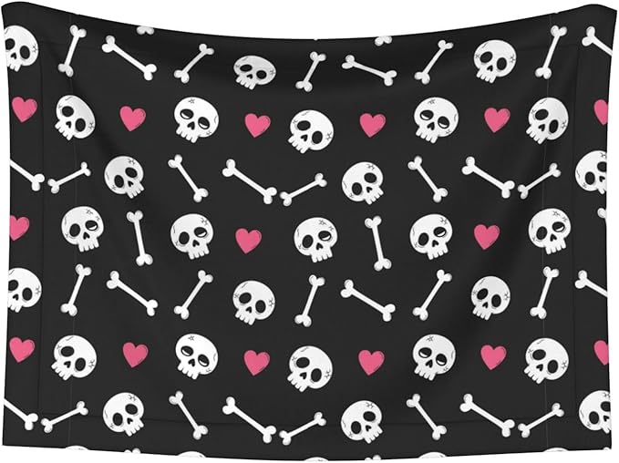 Double Sided Plush Pet Blanket with Cozy Dot Texture and Smooth Reverse, Cartoon Skulls with Hearts On Black, Reversible Throw for Dogs Cats on Couches Beds Crates