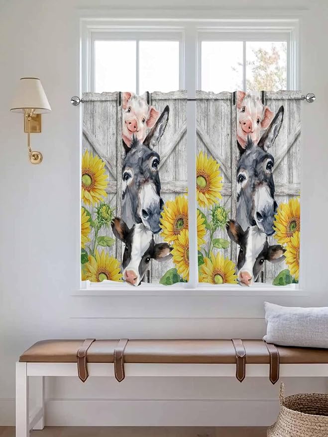 Farmhouse Kitchen Curtains 54 Inches length, Watercolor Sunflowers Animals