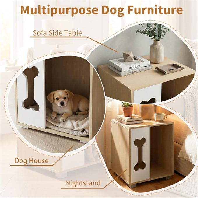 Wooden Dog House Bed & Side Table – Modern Dog Condo with Bone-Shaped Window and Sturdy Metal Legs