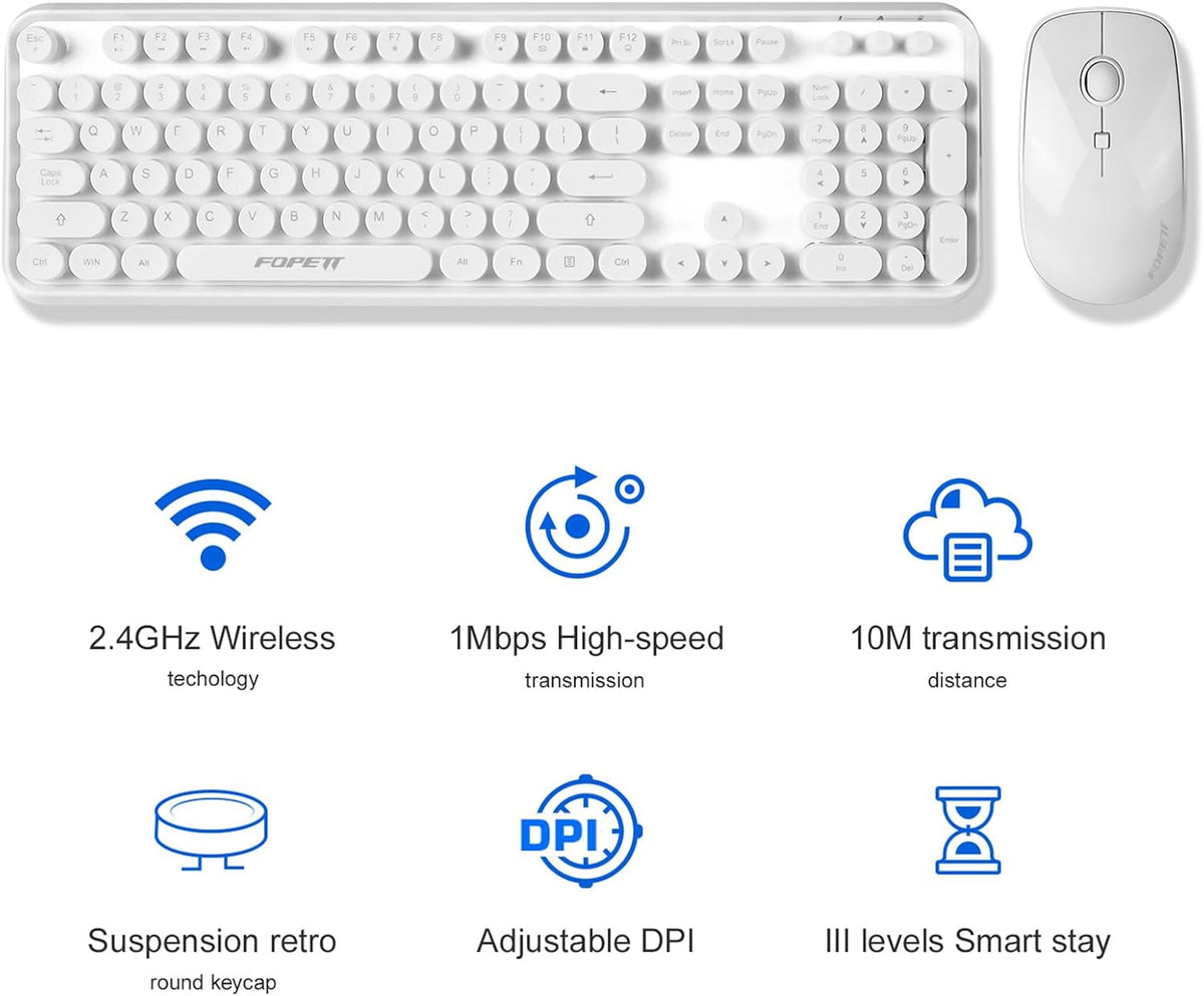 Wireless Keyboard and Mouse | Cute Colorful Keyboard and Mouse with 2.4GHz Cordless Retro Typewriter Keyboard | Auto-Sleep | USB Receiver for Windows PC/Laptop - White