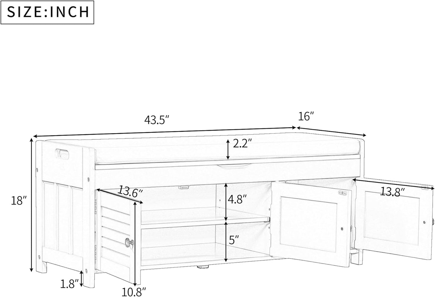 Storage Bench with 3 Shutter-Shaped Doors, Pine Wood Shoe Bench with Removable Cushion and Hidden Storage Space for Entryway Living Room 43.5" L * 16" W * 18" H, Antique Navy