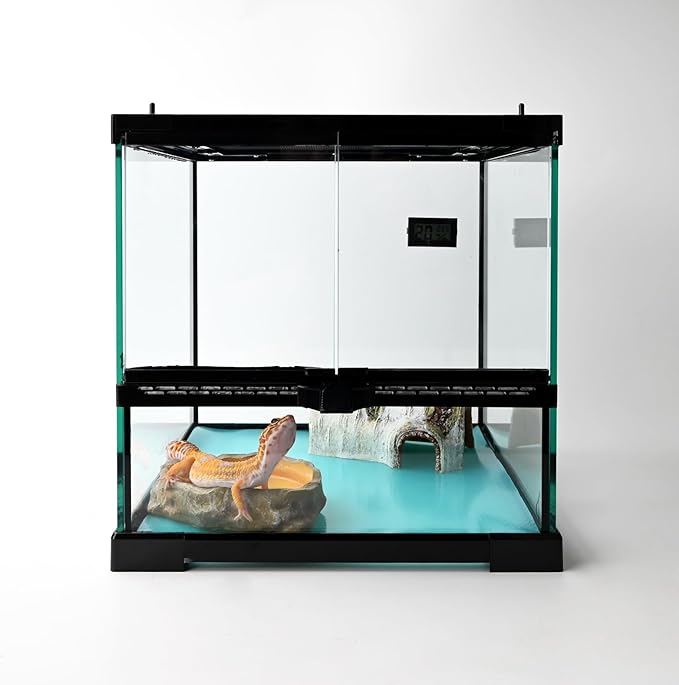 Reptile Glass Tank 12"*12"*12" Terrarium Habitat with Double Hinge Door and Top Screen Ventilation for Bearded Dragon,Lizard,Leopard Gecko,Snake,Hermit Crab with Carpet and Hygrothermograph