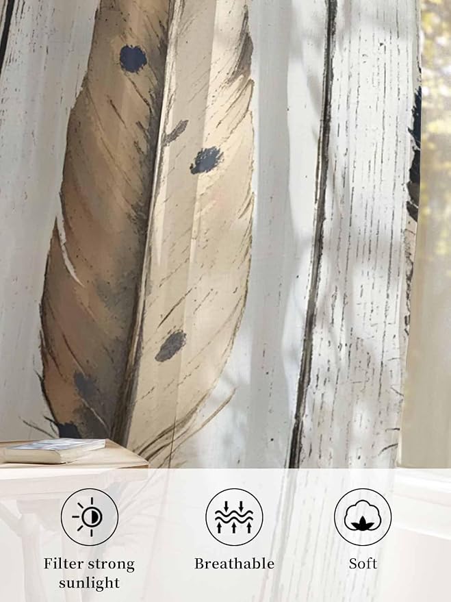 Sheer Curtains 72 Inches Long, Farmhouse Feather Semi Sheer Curtains Light