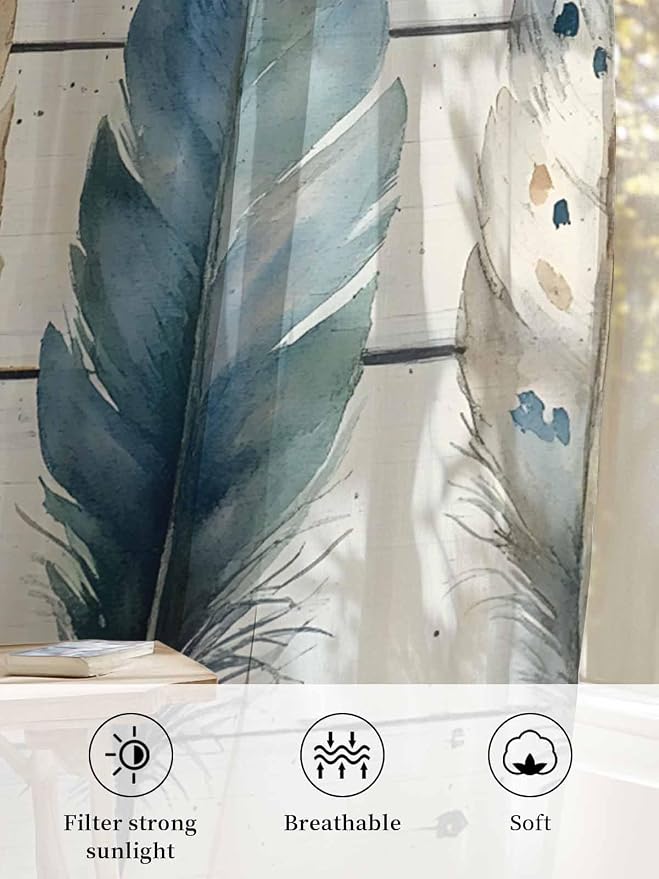Sheer Curtains 96 Inches Long, Boho Blue Feathers Semi Sheer Curtains Light