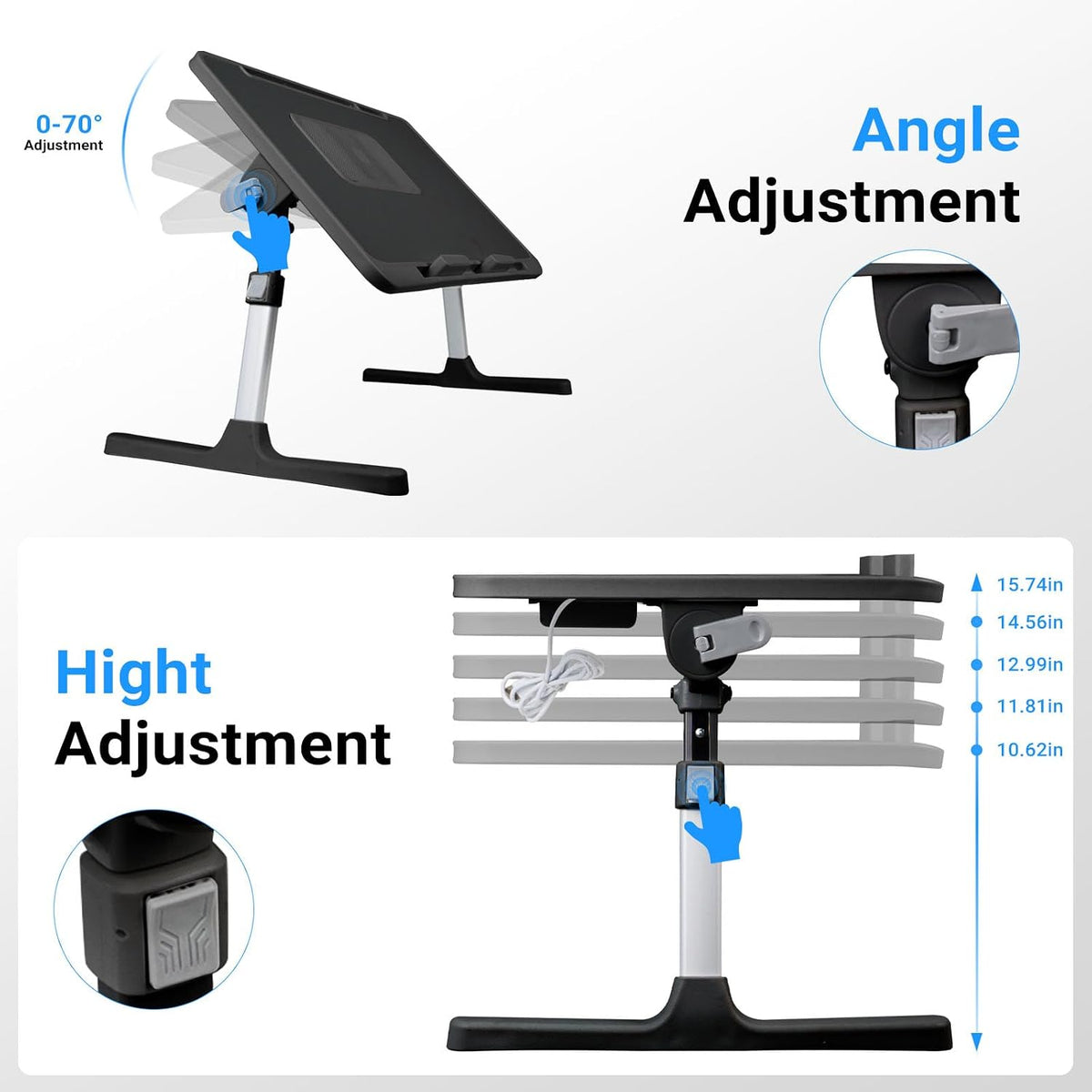 iXTRA Adjustable Laptop Lap Desk with Cooling Fan USB Light for Adults 60x40cm,Black