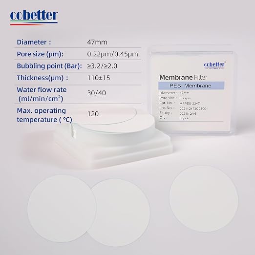 100 Pieces/Pack PES Disc Membrane Filters Hydrophilic 47mm Diameter 0.45µm Pore