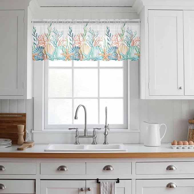 Summer Beach Sheer Valance Curtains, Ocean Colorful Coral Shell Seaweed