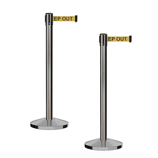CCW Series RBB-100 - Set of 2 Stanchion Retractable Belt Barriers (11 Foot Belt, Yellow with"Danger - Keep Out" Black Letters Belt with Satin Stainless Steel Post)