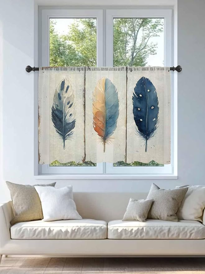 Sheer Curtains 54 Inch Length, Boho Ombre Vintage Wooden Grain Privacy Voile