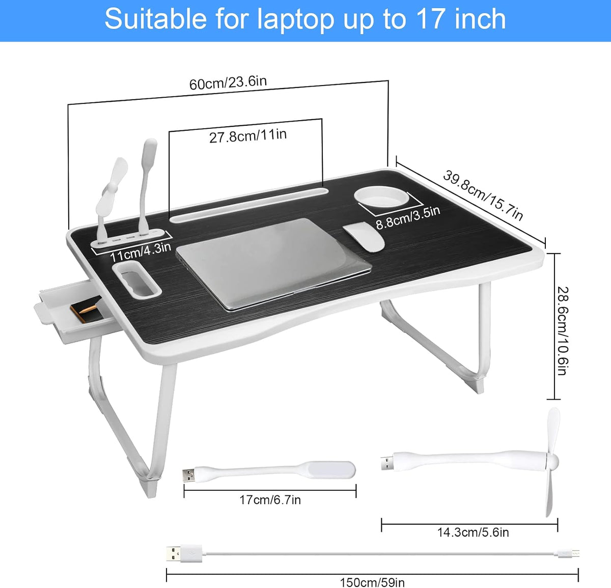 Laptop Bed Table, Laptop Desk for Bed, Foldable Laptop Bed Desk with USB Charge Port, Handle, Desktop Card Slot, Cup Slot, Side Drawer, Portable Laptop Table for Bed Eating Reading Working