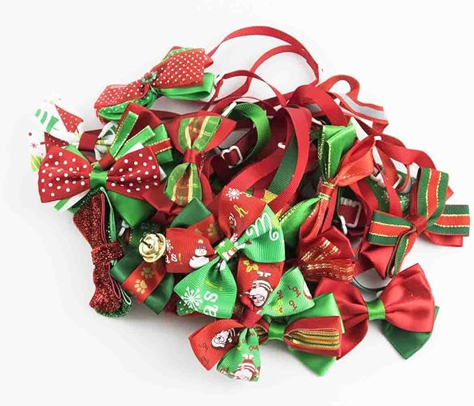 PET SHOW 50pcs Pack Bulk Christmas Small Dogs Bow Ties Collar Costume Cute Cats Adjustable Bowties Neckties Xmas Pet Grooming Accessories Assorted Randomly