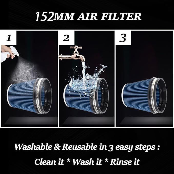 6" Inlet Cold Air Intake Filter Cone Replacement Performance Washable Clamp-On
