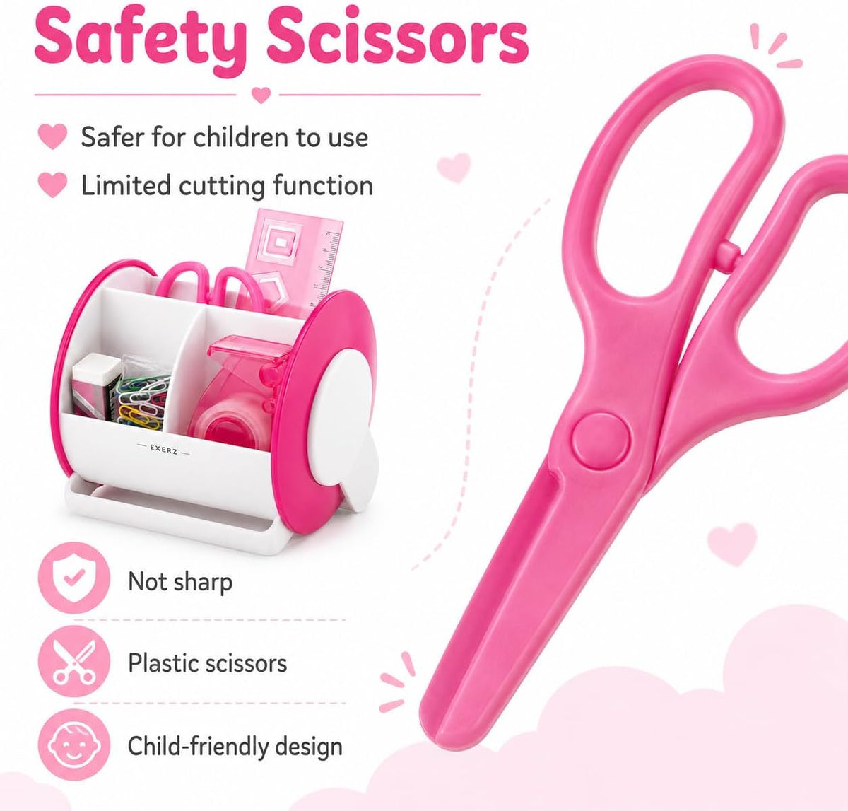 Exerz Ex8986 O-Life 90 Degree Rotary Desk Organiser with Stationery Set - Safety Scissors (Not Sharp), Rulers, Tape Dispenser, Eraser, Clips Included - Medium Size Stationery Organiser (Pink)
