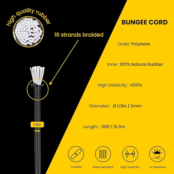 Bungee Cord Elastic Shock Cord 1/8" x 50' Bungee Rope for DIY, Tie Downs, Kayak and Outdoor - Black
