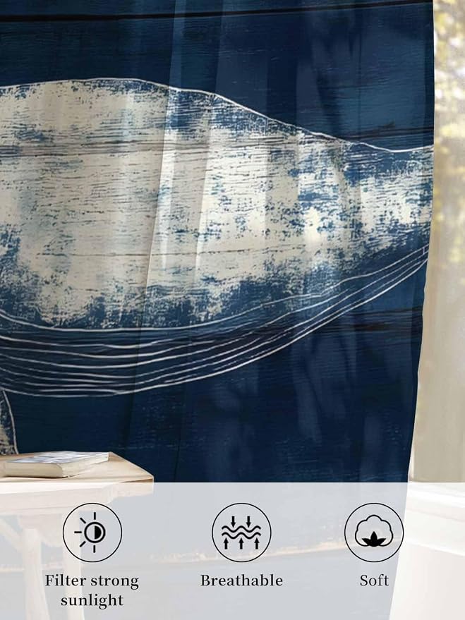 Sheer Curtains 108 Inches Long, Summer Whale Semi Sheer Curtains Light