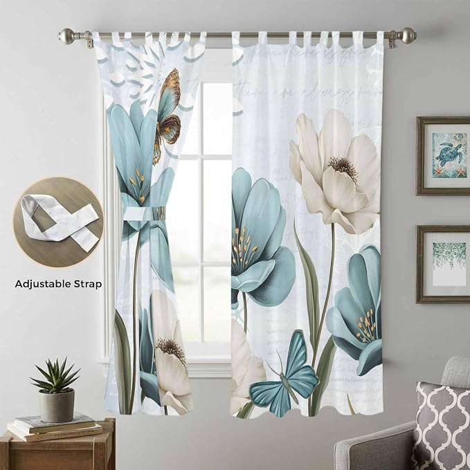 Blue Tulips Living Room Curtains 96 Inch Length, Window Curtains Tab Top
