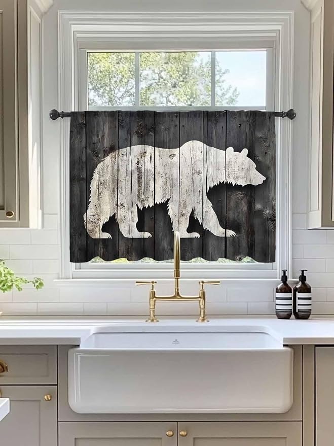 Sheer Curtains 45 Inch Length, Farmhouse Country Rustic Wooden Grain Privacy