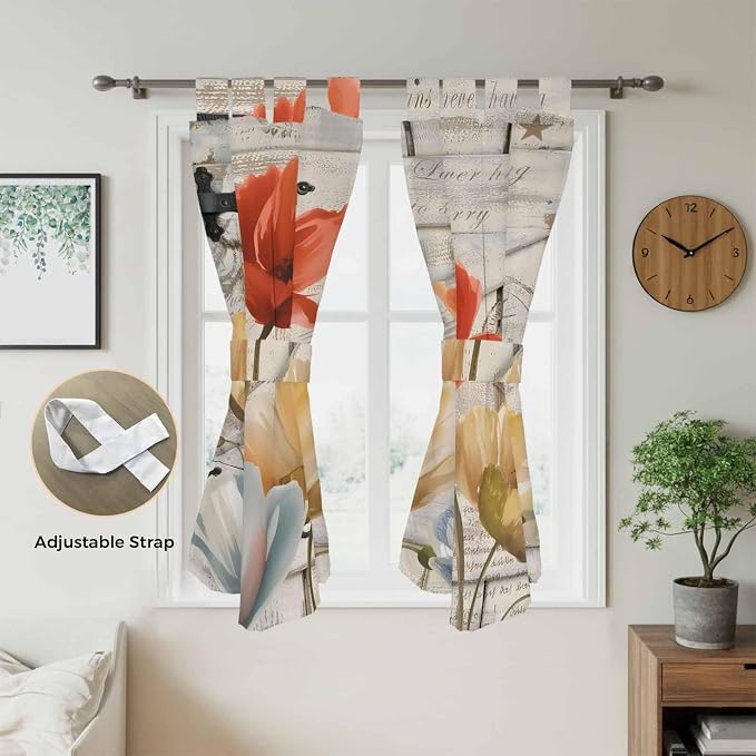 Retro Floral Bathroom Curtains 63 Inch Length, Window Curtains Tab Top