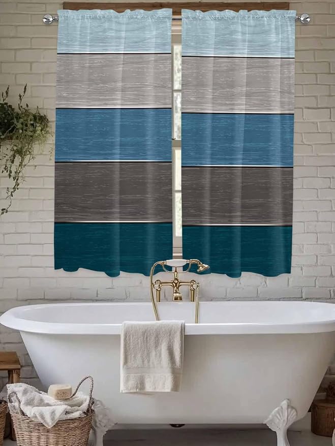 Retro Farm Blue Gray Wood Grain Window Valance Curtains, Rustic Wooden Plank
