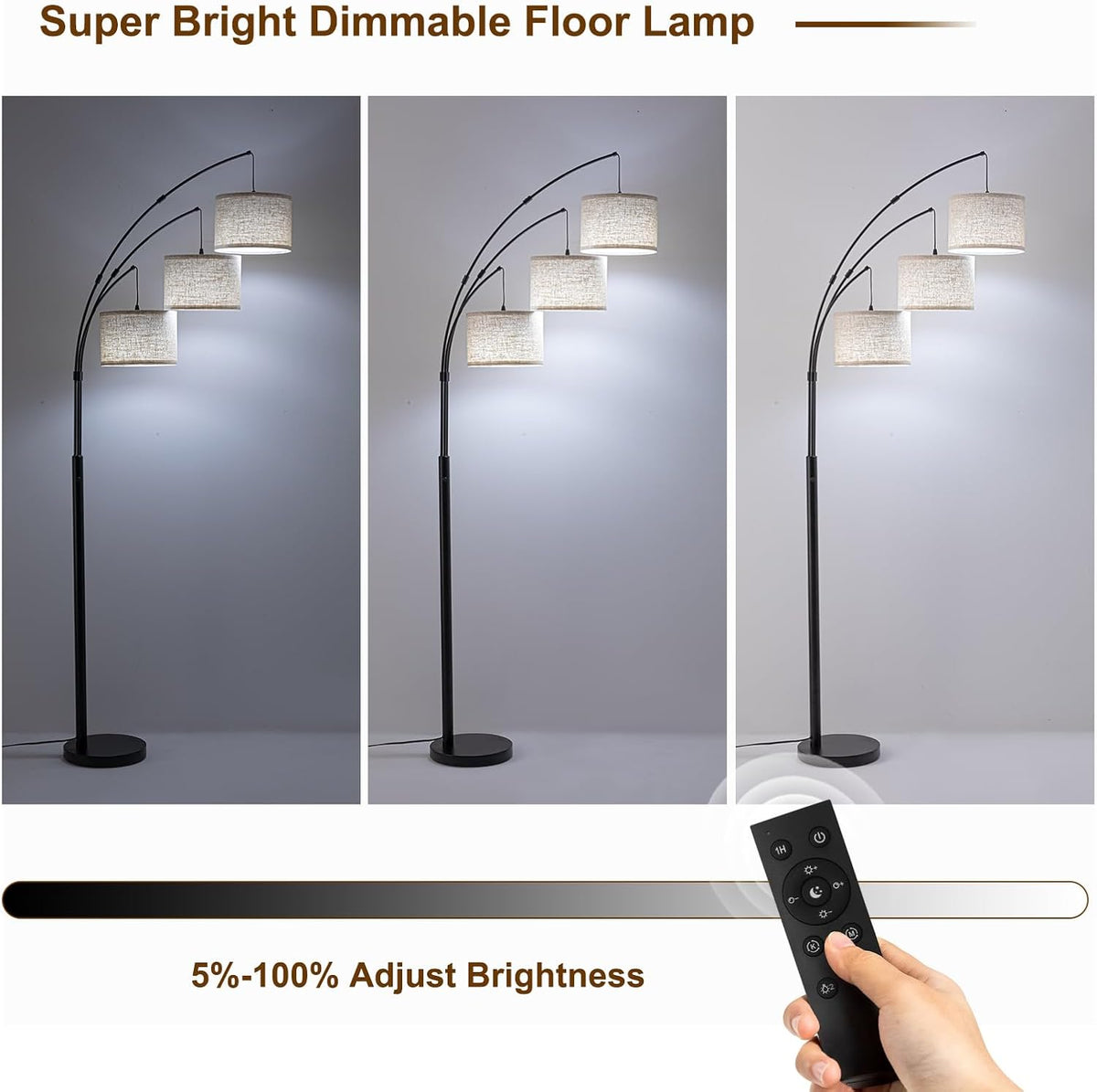 3 Light Arc Floor Lamp with Remote, Beige Shade Black Pole