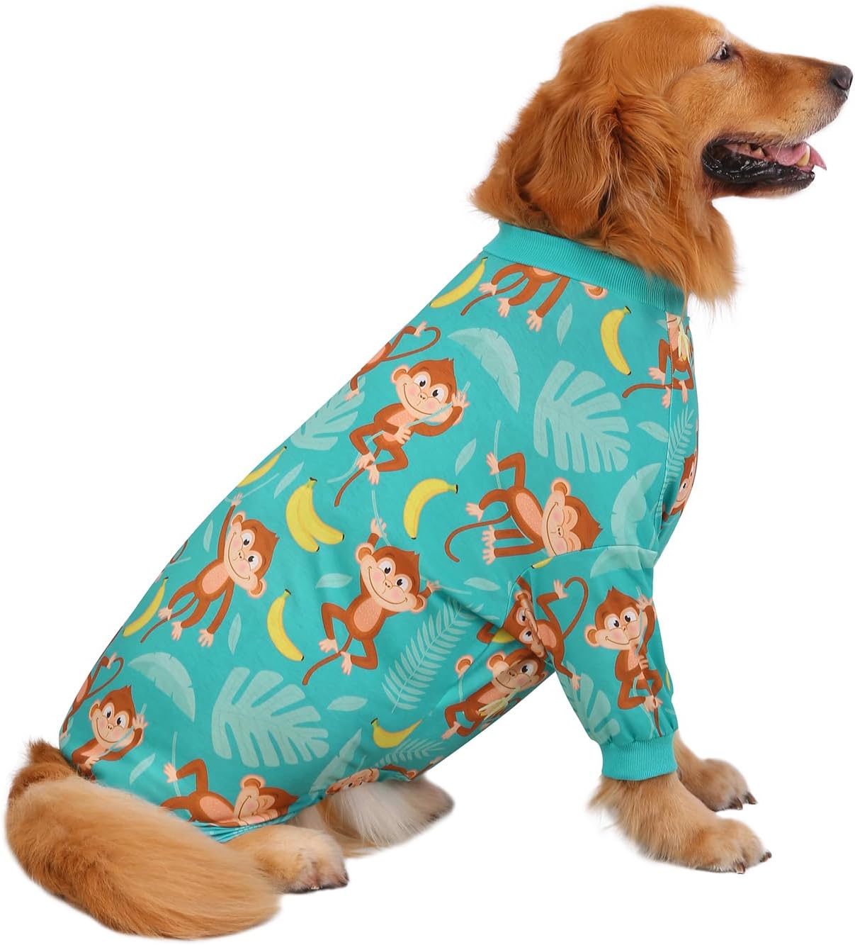 HDE Dog Pajamas One Piece Jammies Jumpsuit Pet Clothes Outfit Stretchy Lightweight Comfy Shirt Pjs for M-3XL Dogs Monkeying Around - XL