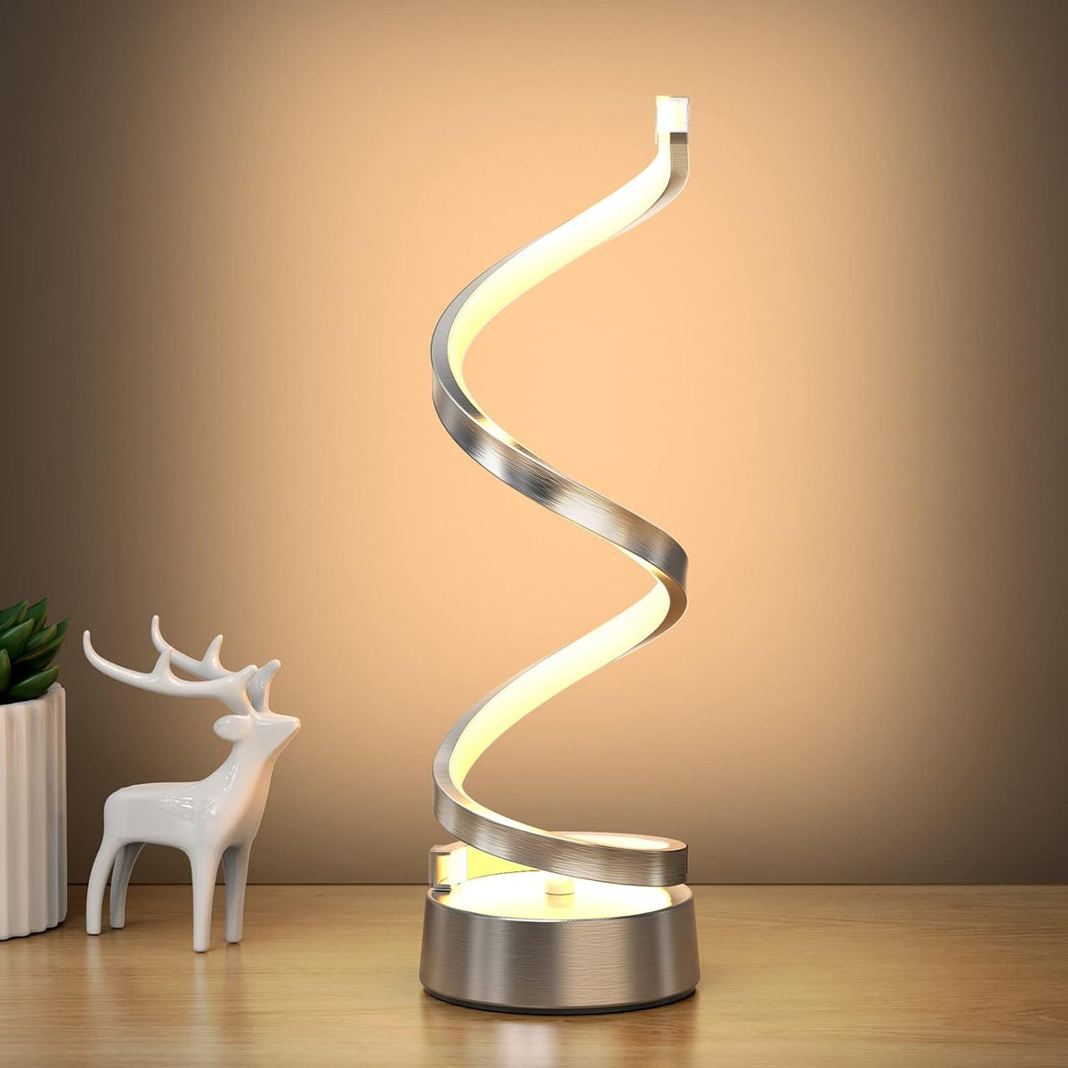 NUÜR Silver Infinity Spiral LED Table Lamp, Dimmable Bedside Lamp