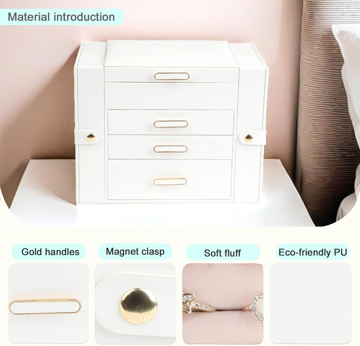 ASINGYER White 4 Layer 3 Drawer Jewelry Organizer with Double Hanging Side Cabinets for Women Accessories