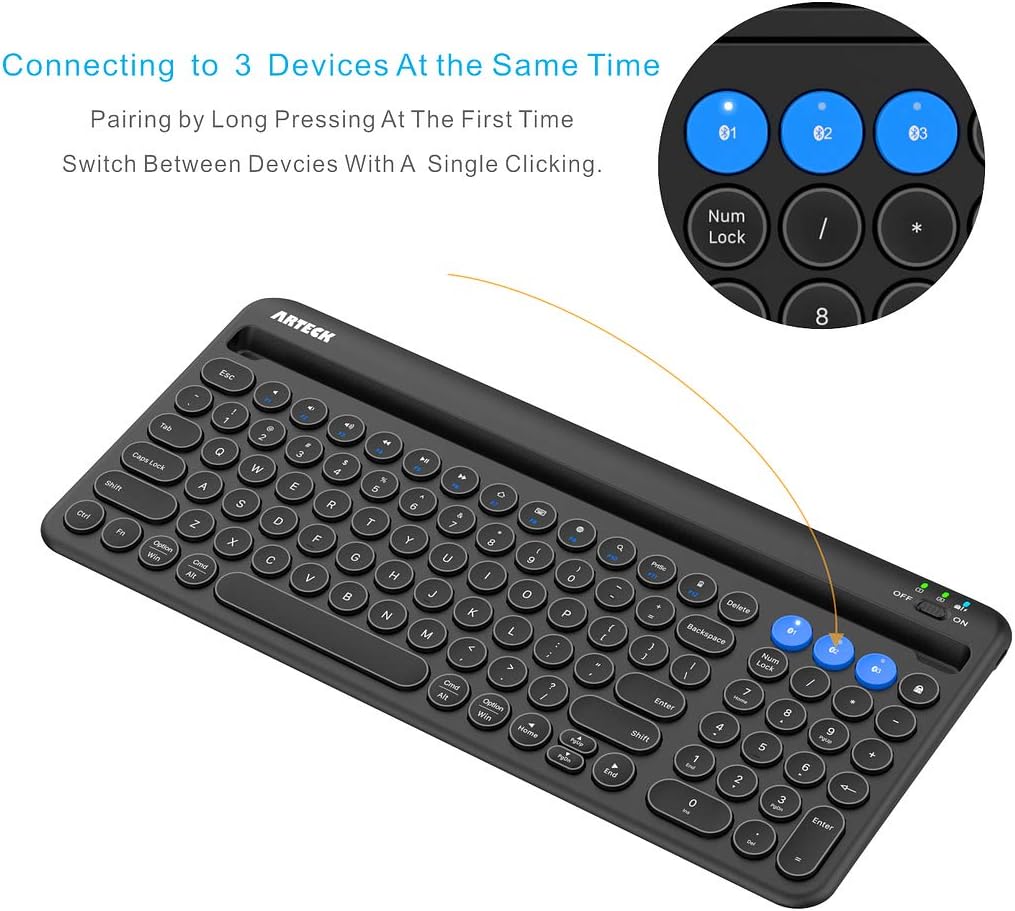 Arteck Wireless Bluetooth Keyboard for Windows, iOS, Android, Computer, Laptop, Smartphone - Multi-Functional with Built-in Cradle
