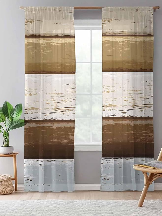 Sheer Curtains 84 Inches Long, Wood Grain Brown Semi Sheer Curtains Light