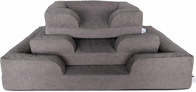 Gray Corduroy Orthopedic Dog Bed with Bolster – Memory Foam, Washable Removable Cover, Non-Slip Bottom (Medium)
