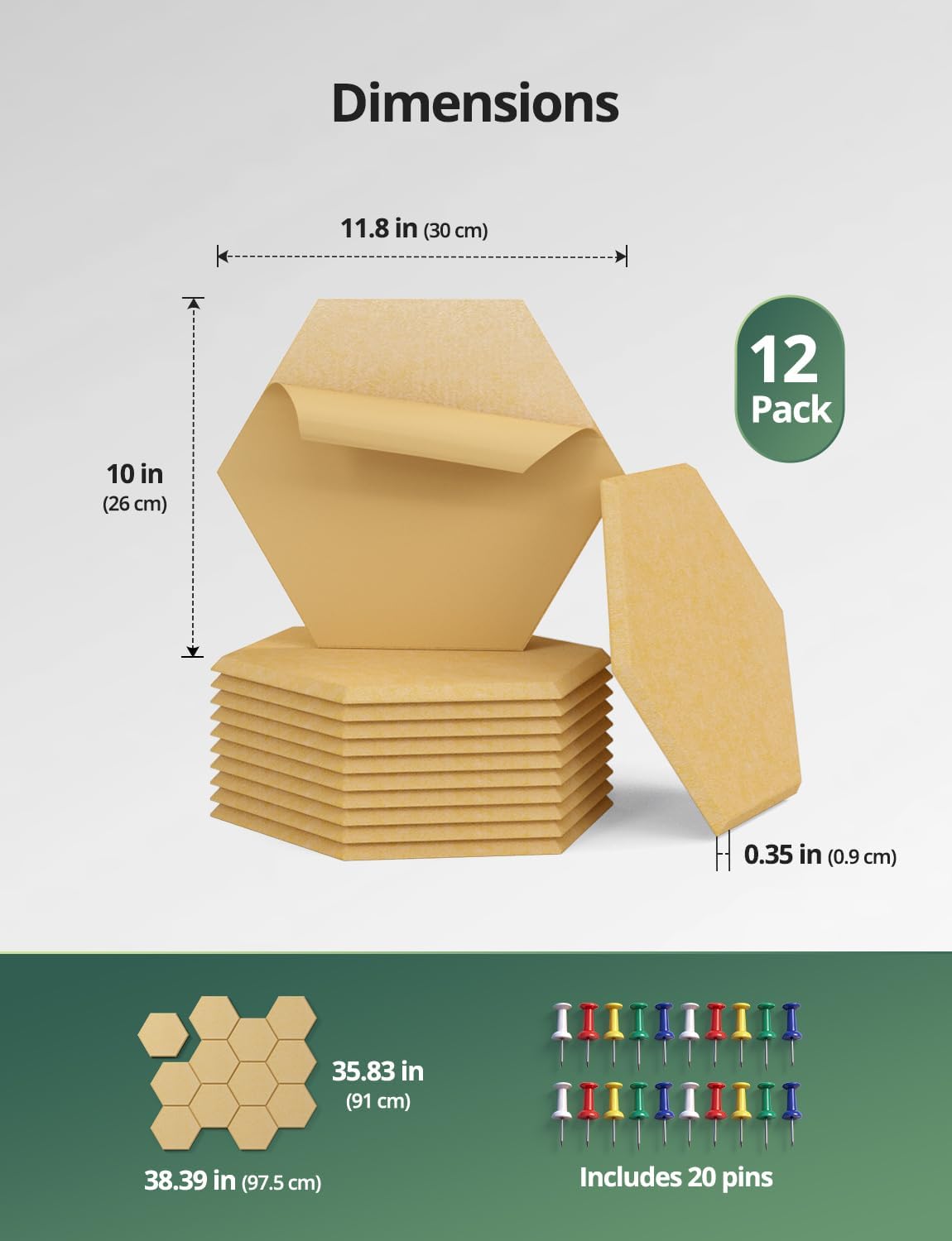 12 Pack Felt Bulletin Boards for Walls Corkboard for Office 12" x 10", Mustard Large Self-Adhesive Hexagon Mustard Display Tiles for Mood Memo Pinboard in Home Bedroom Kitchen School Classroom